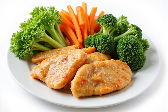 A colorful plate of fresh, healthy vegetables and lean protein, illustrating balanced nutrition.