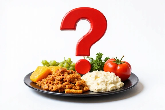 A question mark over a plate of food, symbolizing diet myths and misinformation.