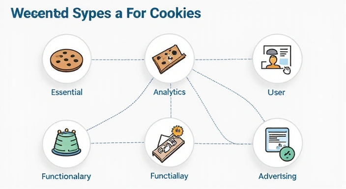 Illustration of various types of cookies and their functions on a website, showing data flow and user interaction.