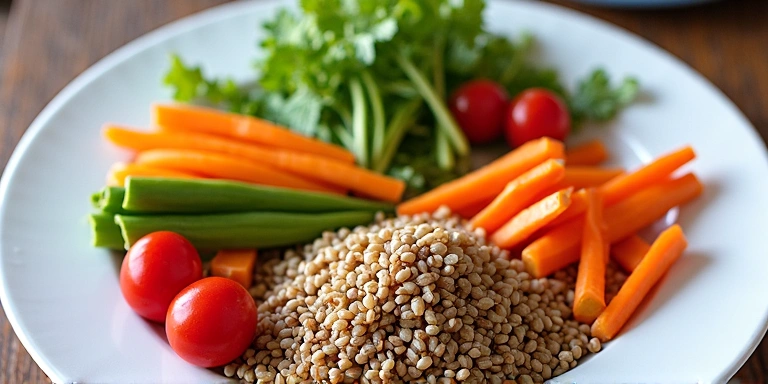 Colorful plate of balanced healthy food